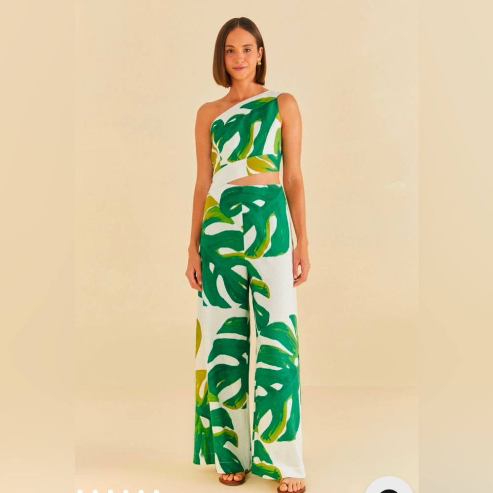 Farm Rio White and green Monstera Jumpsuit size small